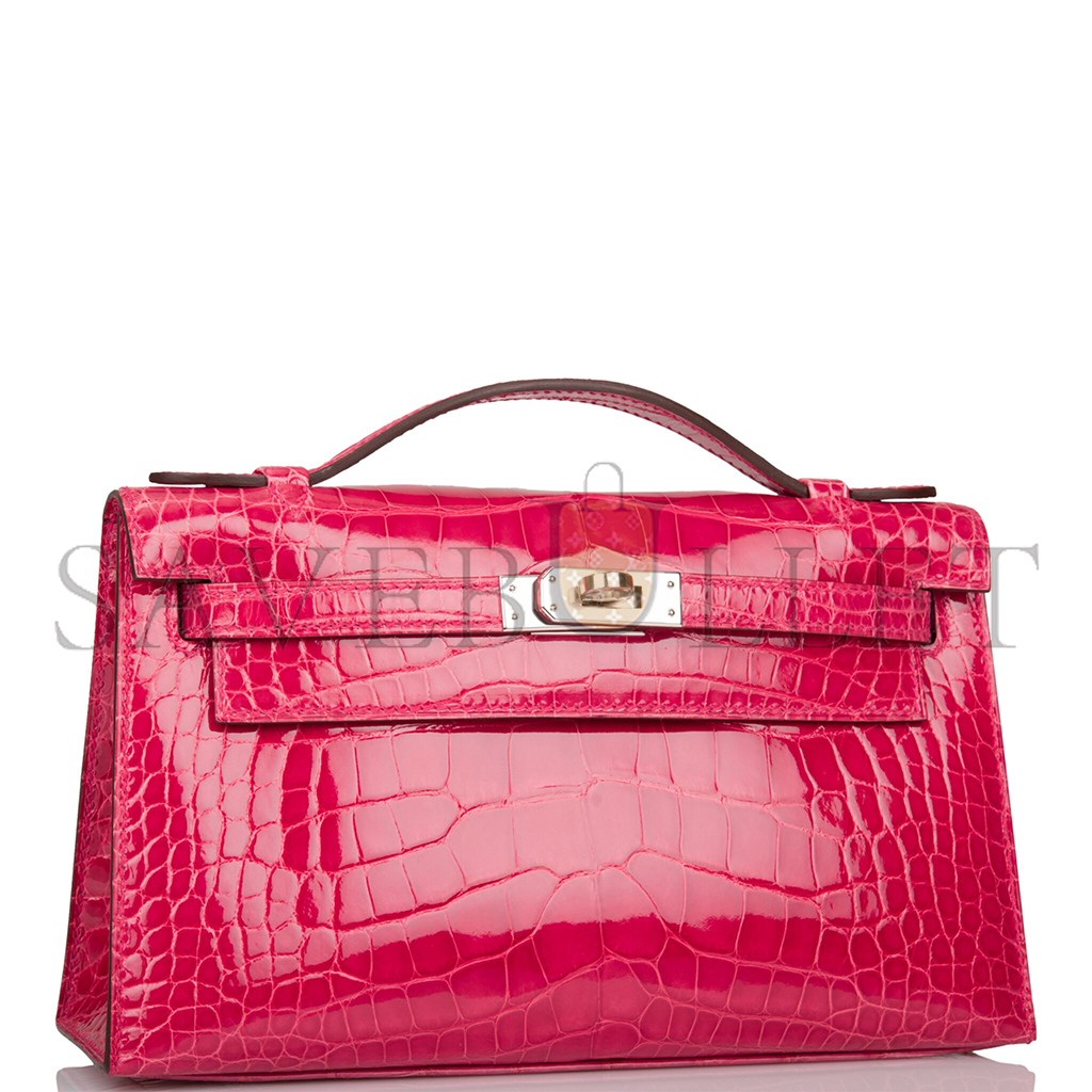 HERMÈS MASTER ROSE EXTREME MINI KELLY POCHETTE OF SHINY MISSISSIPPIENSIS ALLIGATOR PALLADIUM HARDWARE (22*14*7cm) 